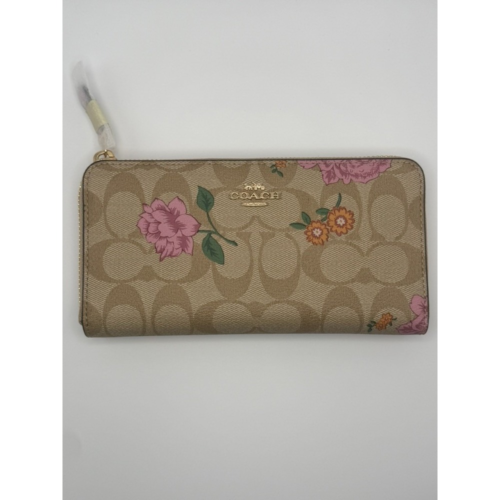 Coach Accordion Zip Wallet Signature Canvas Prairie Rose Floral Khaki 2859 NWOT